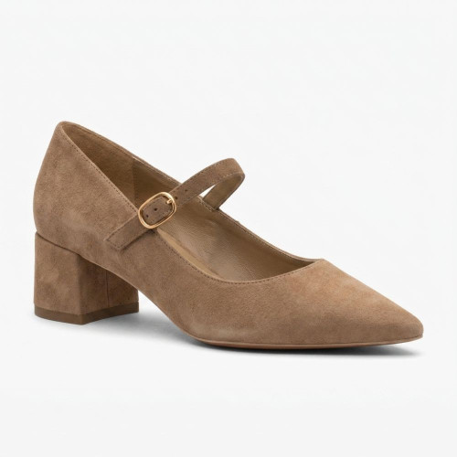 Classic beige suede Mary Jane shoes with block heel and strap Rylko 847 B4BM1-T1-6TWF 36847 5972 from the Polish brand Classic beige suede Mary Jane shoes with block heel and strap Rylko 847 B4BM1-T1-6TWF 36847 5972 from the Polish brand