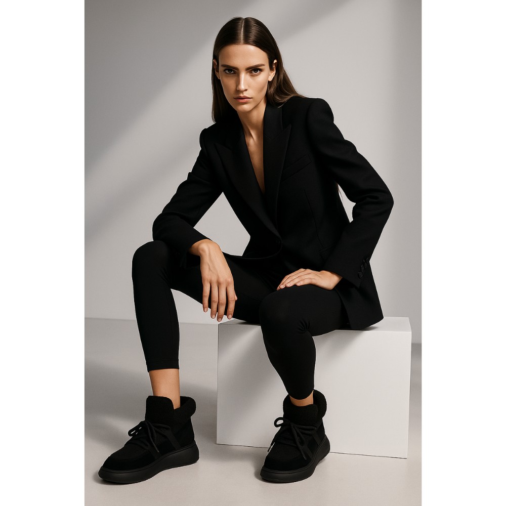 Жіночі чорні замшеві уггі на шнурівці з вставками з барашка ALLSY Lonza 203416 89393-80-1 BLACK 6025