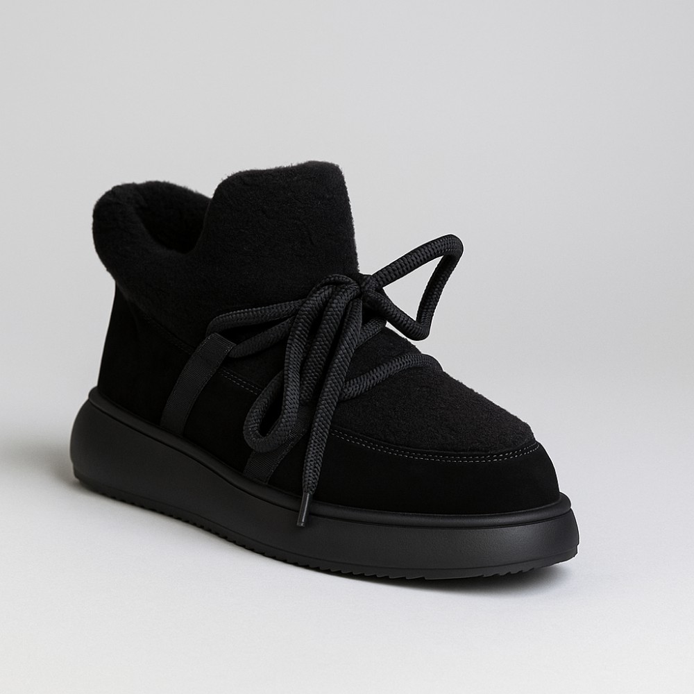 Жіночі чорні замшеві уггі на шнурівці з вставками з барашка ALLSY Lonza 203416 89393-80-1 BLACK 6025