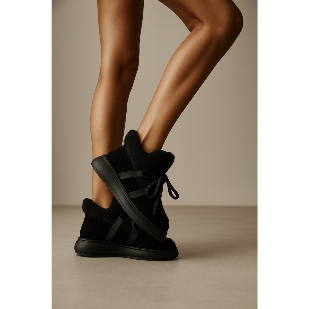 Жіночі чорні замшеві уггі на шнурівці з вставками з барашка ALLSY Lonza 203416 89393-80-1 BLACK 6025