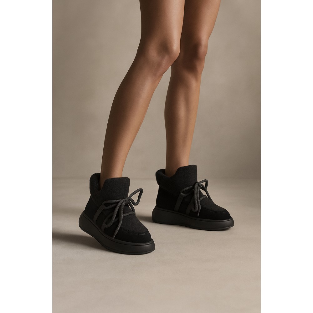 Жіночі чорні замшеві уггі на шнурівці з вставками з барашка ALLSY Lonza 203416 89393-80-1 BLACK 6025