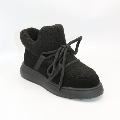 Модные женские черные замшевые ботинки-угги ALLSY Lonza 203416 89393-80-1 BLACK 6025 на шнурках с верхними вставками из барашка