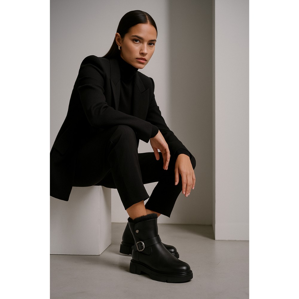 Жіночі зимові черевики ALLSY Lonza 202957 LT-25Z26B08-1 6026 з натуральної шкіри з опушкою на товстій підошві чорні 