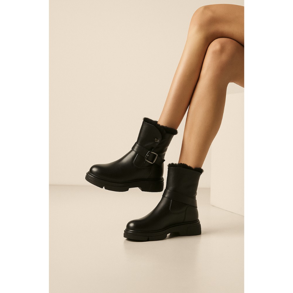 Жіночі зимові черевики ALLSY Lonza 202957 LT-25Z26B08-1 6026 з натуральної шкіри з опушкою на товстій підошві чорні 