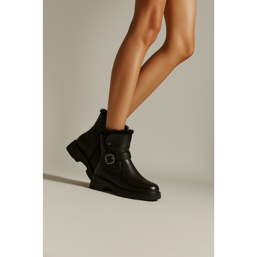 Жіночі зимові черевики ALLSY Lonza 202957 LT-25Z26B08-1 6026 з натуральної шкіри з опушкою на товстій підошві чорні 