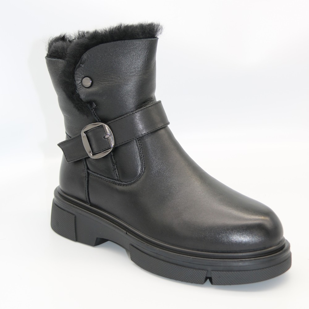 Жіночі зимові черевики ALLSY Lonza 202957 LT-25Z26B08-1 6026 з натуральної шкіри з опушкою на товстій підошві чорні 