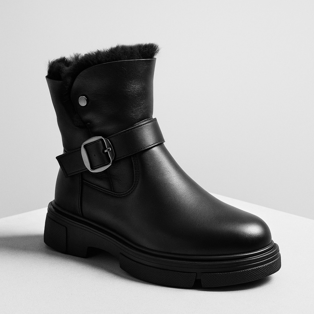 Жіночі зимові черевики ALLSY Lonza 202957 LT-25Z26B08-1 6026 з натуральної шкіри з опушкою на товстій підошві чорні 