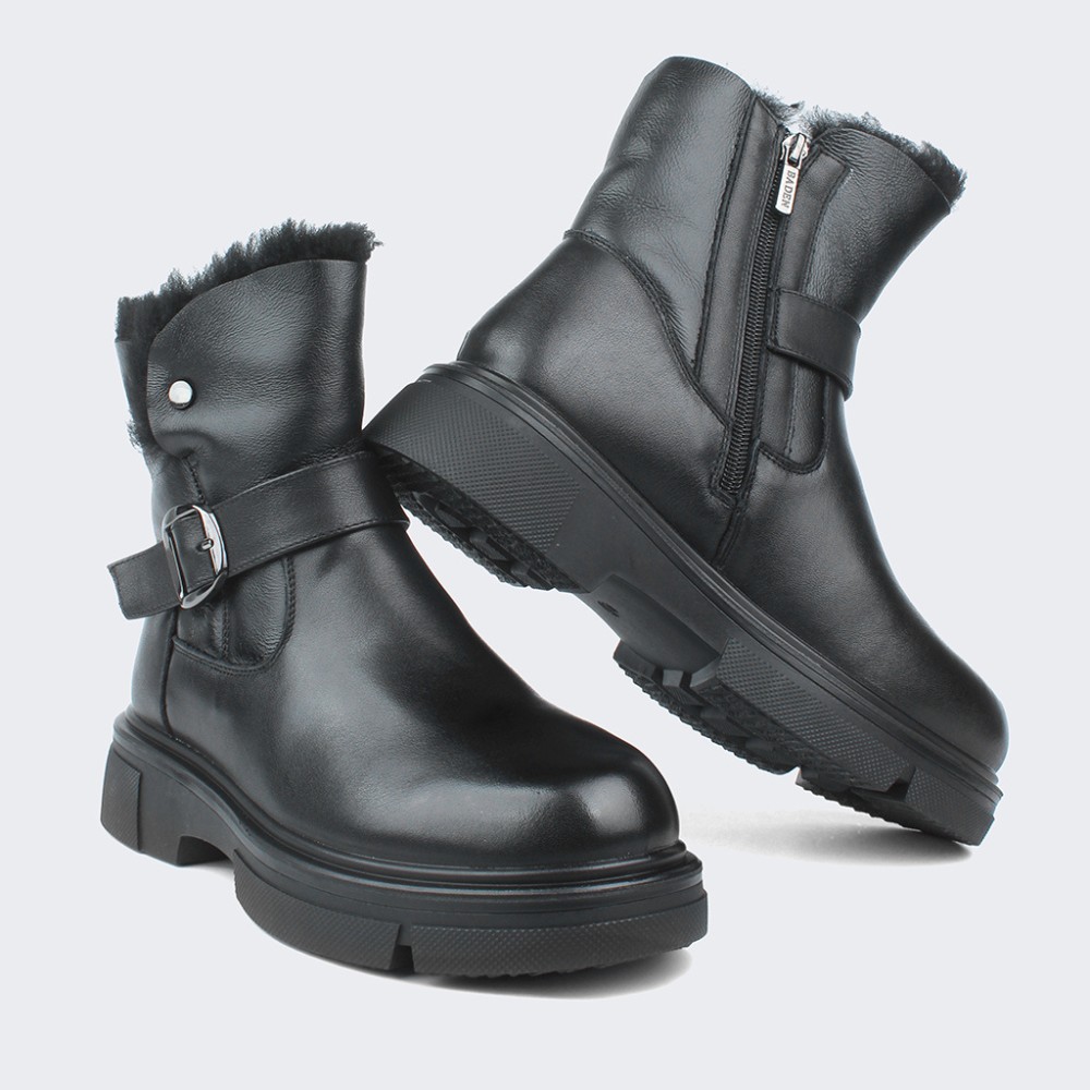 Жіночі зимові черевики ALLSY Lonza 202957 LT-25Z26B08-1 6026 з натуральної шкіри з опушкою на товстій підошві чорні 