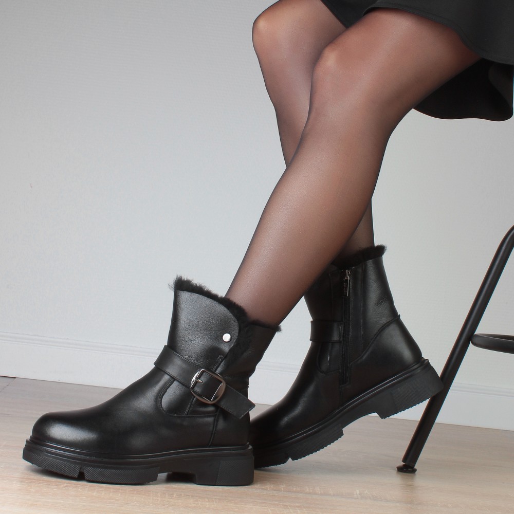 Жіночі зимові черевики ALLSY Lonza 202957 LT-25Z26B08-1 6026 з натуральної шкіри з опушкою на товстій підошві чорні 