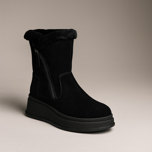 Женские зимние ботинки на танкетке Anna Lucci 202480 80923-15A BLACK SUEDE 6028 черные, из натуральной замши
