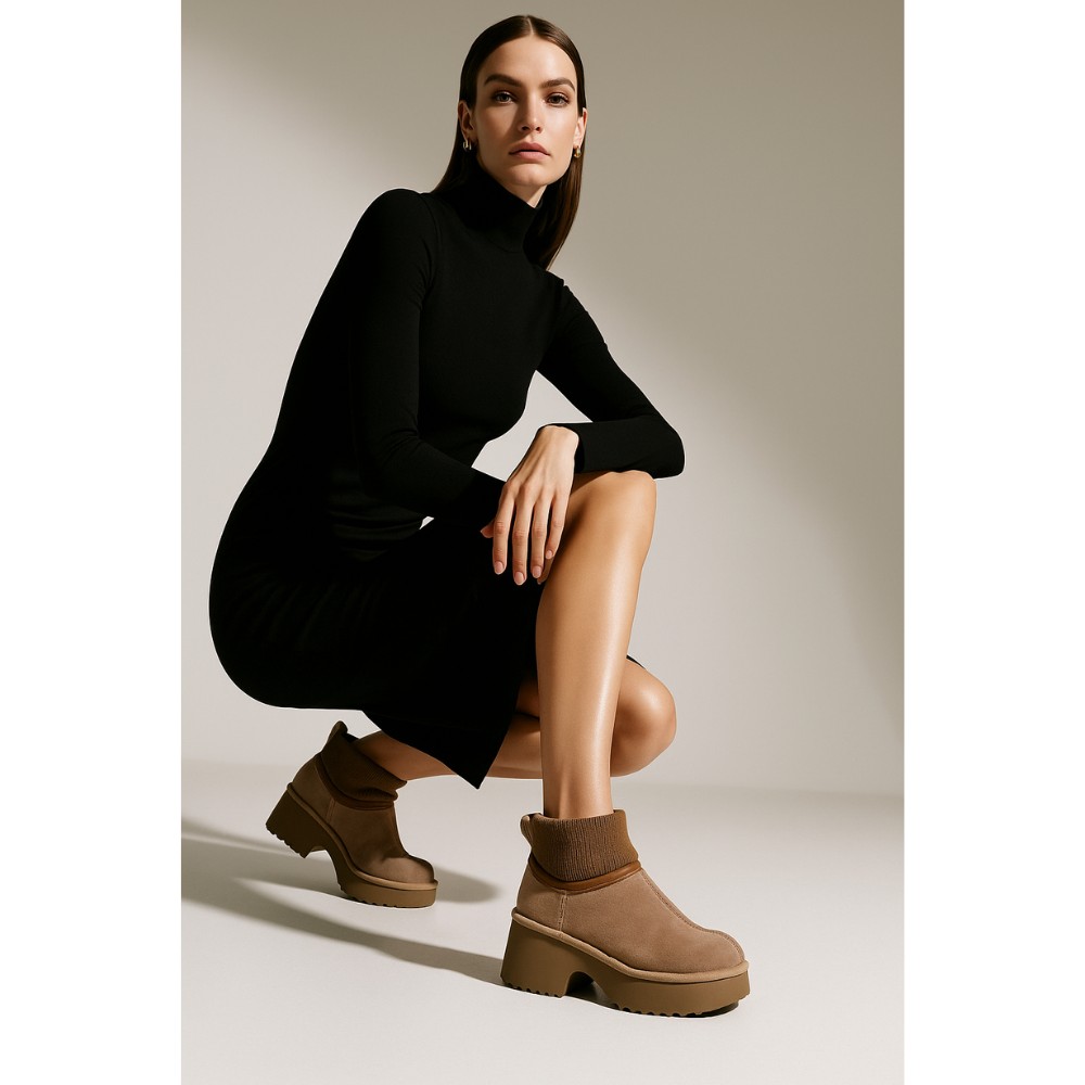 Жіночі зимові уггі Allsy Lonza на підборах, бежеві 204973 201672 8752-2 KHAKI 6036