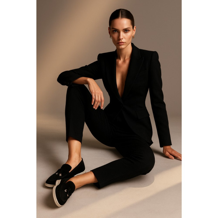 Женские замшевые лоферы Loro Piana Summer Charms Walk, чёрные - 206179 1098ТZ 340-3041 C 6045