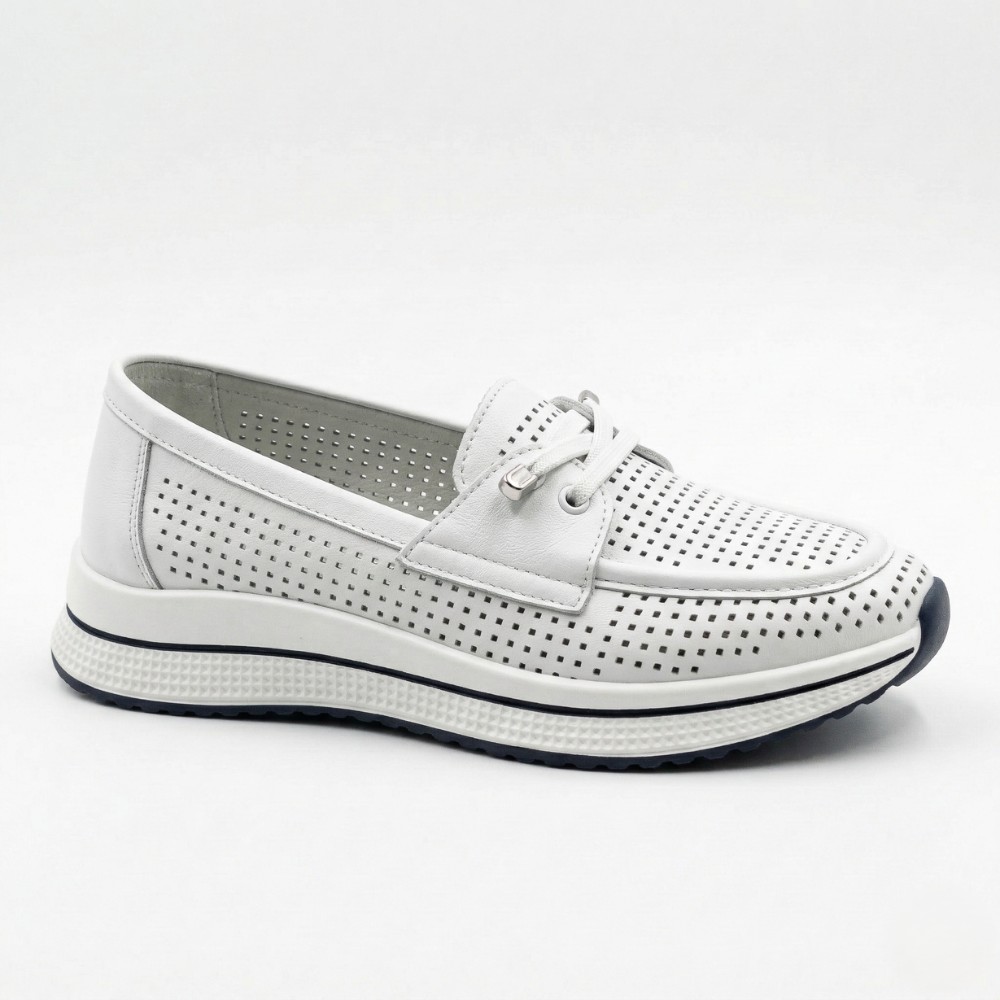 Жіночі білі шкіряні мокасини з перфорацією та комфортною шнурівкою Allsy 207258 A09-7721-1 WHITE lonza 207259 6126