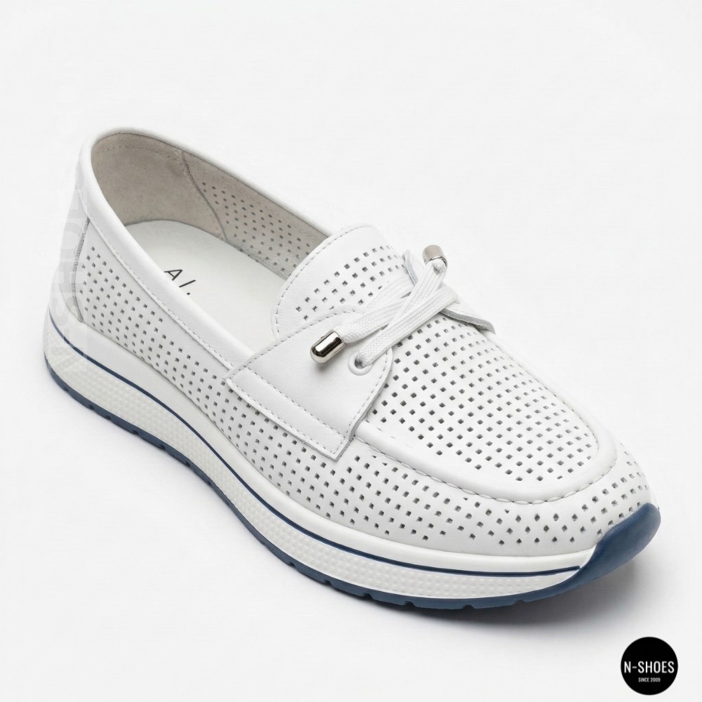 Жіночі білі шкіряні мокасини з перфорацією та комфортною шнурівкою Allsy 207258 A09-7721-1 WHITE lonza 207259 6126