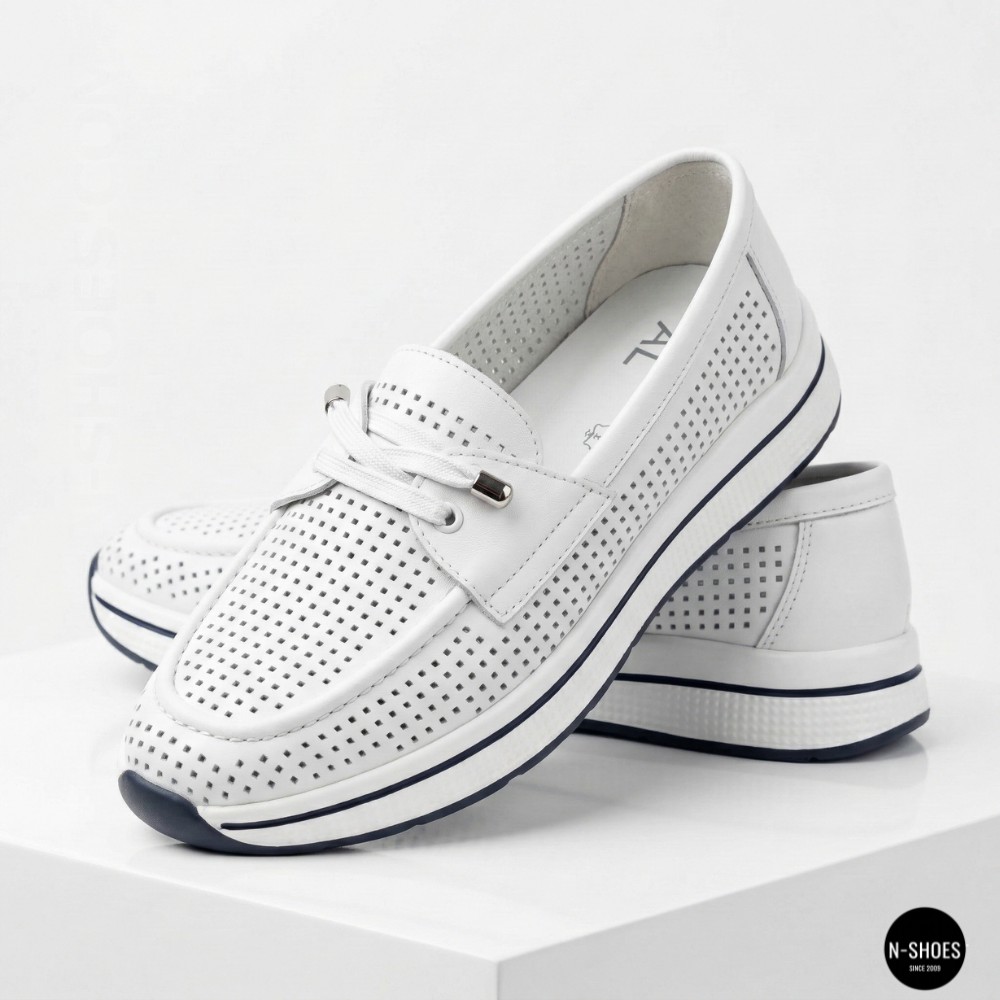 Жіночі білі шкіряні мокасини з перфорацією та комфортною шнурівкою Allsy 207258 A09-7721-1 WHITE lonza 207259 6126