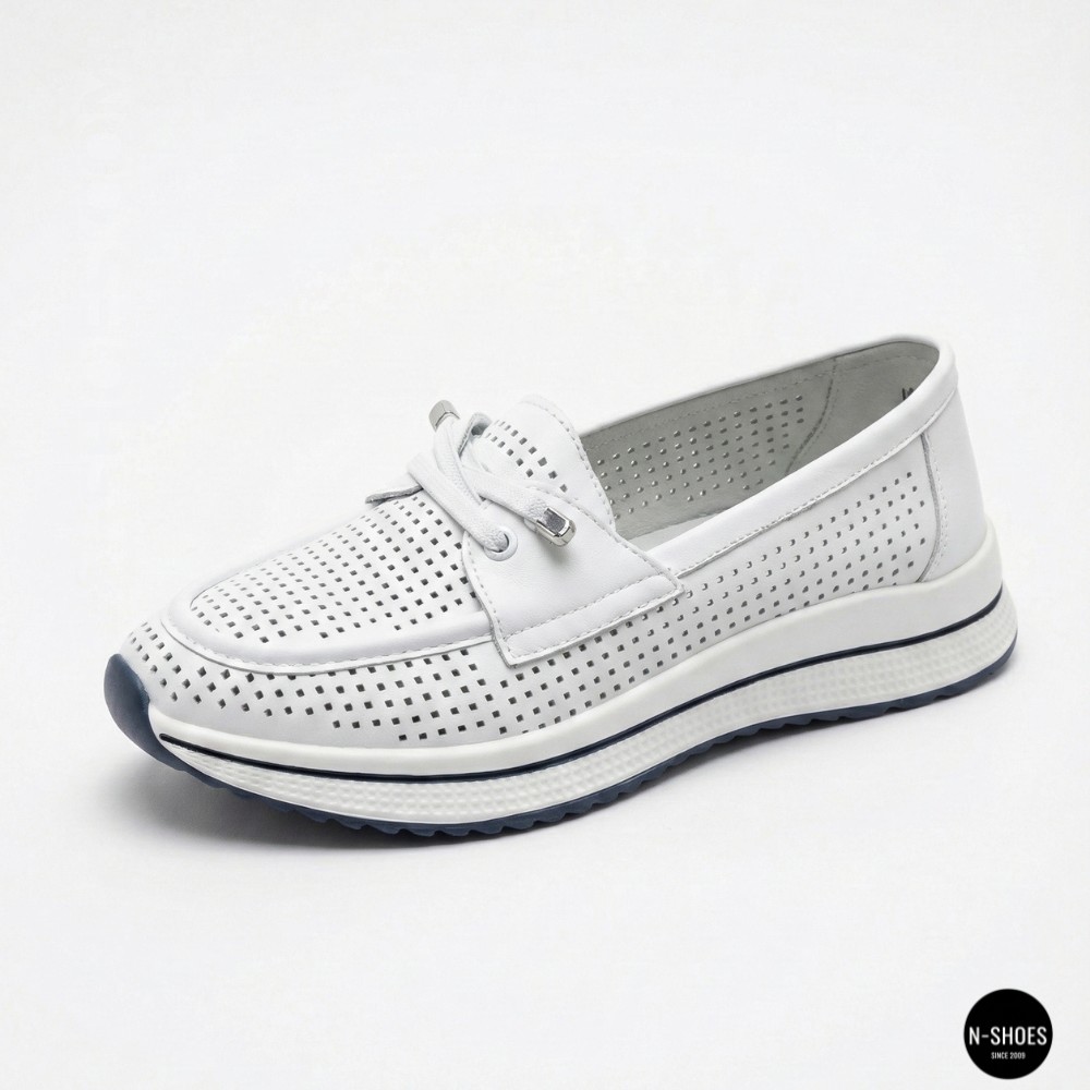 Жіночі білі шкіряні мокасини з перфорацією та комфортною шнурівкою Allsy 207258 A09-7721-1 WHITE lonza 207259 6126