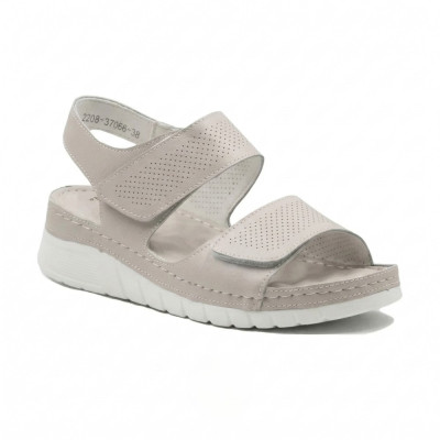 Women's gray leather comfort sandals with Velcro on the platform Allsy 207125 Lonza 207126 198394 2208-37066-2 grey 6140 in the style of Ecco Flowt
