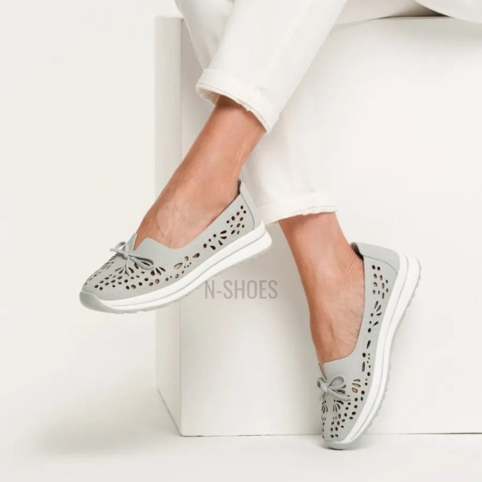 Women's Grey Leather Perforated Moccasins Allsy 208175 l2-5273-5 lonza grey AY 6144