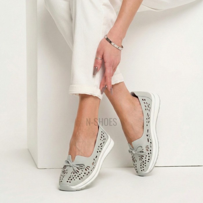 Women's Grey Leather Perforated Moccasins Allsy 208175 l2-5273-5 lonza grey AY 6144