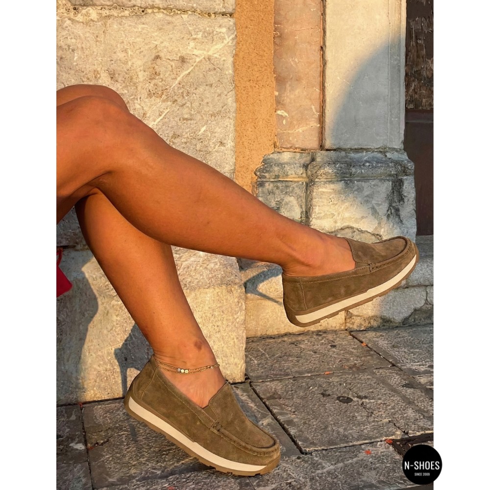 Women's Suede Loafers Allsy 208210 д5-056993-28 (Khaki 6145) Santoni Style