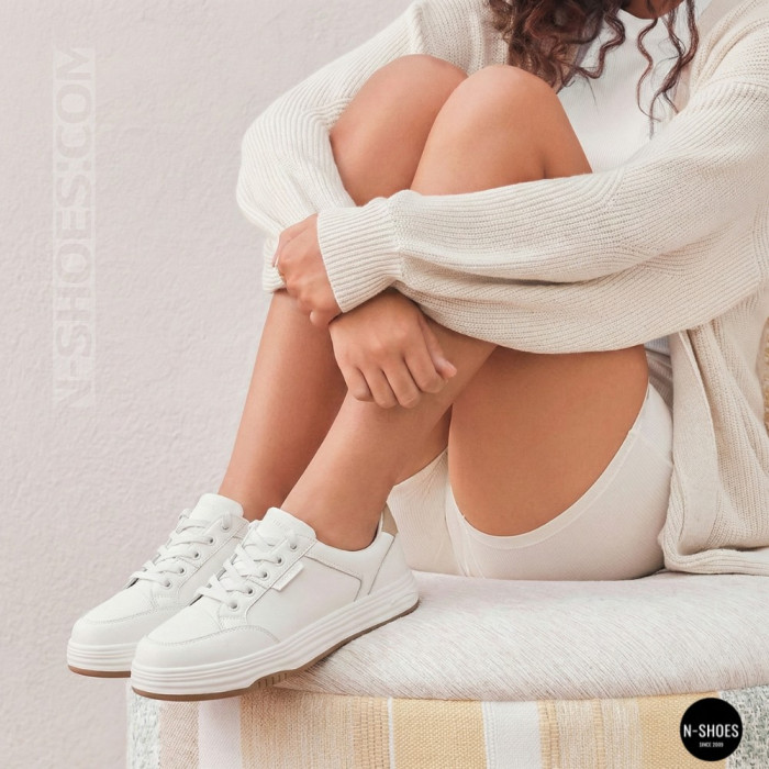 Women's White Leather Platform Sneakers Allse Lonza 206754 23276 White-Beige 6158