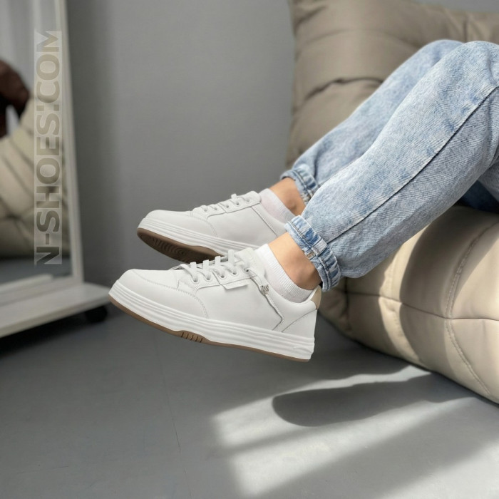 Women's White Leather Platform Sneakers Allse Lonza 206754 23276 White-Beige 6158