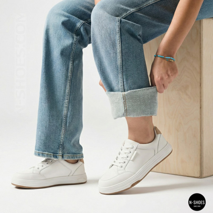 Women's White Leather Platform Sneakers Allse Lonza 206754 23276 White-Beige 6158