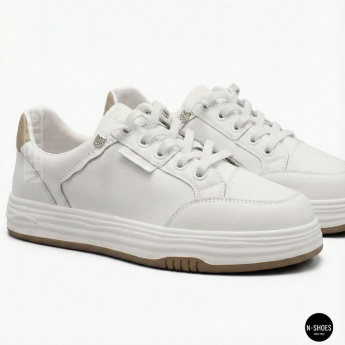 Women's White Leather Platform Sneakers Allse Lonza 206754 23276 White-Beige 6158