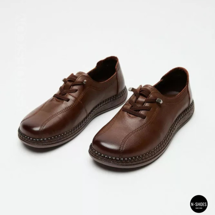 Women's Brown Leather Moccasin-Sneakers Allsy 207744 q1-01-3 6171
