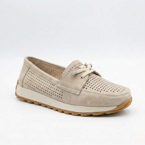 Women's loafers-moccasins made of genuine suede with perforations Allsy 208203-l5-056912-22 Lonza beige 6184 in the style of Brunello Cucinelli