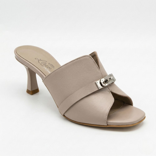 Women's beige clogs with a French heel Lirio L 0477-6058-75 capuchino 6185 made of genuine leather in the style of Brunello Cucinelli