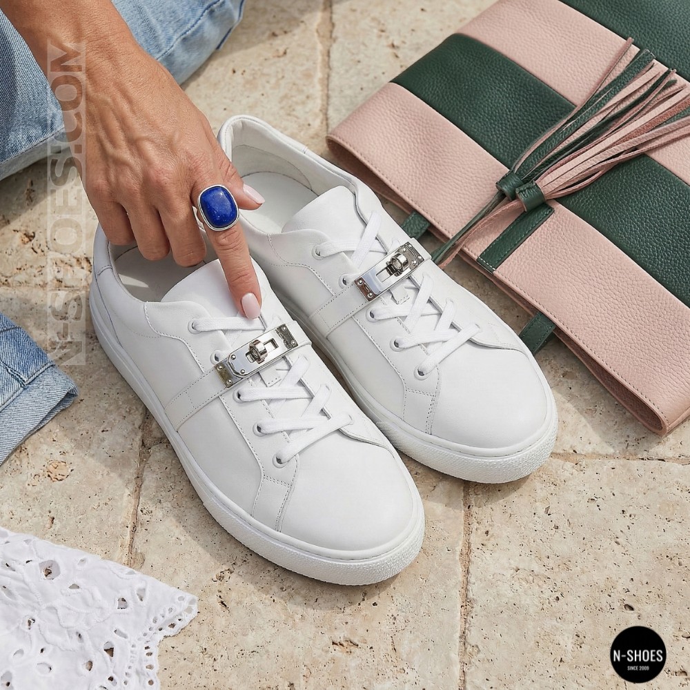 White Leather Sneakers Romax Comfort 2525-1 6189 with Metal Decor