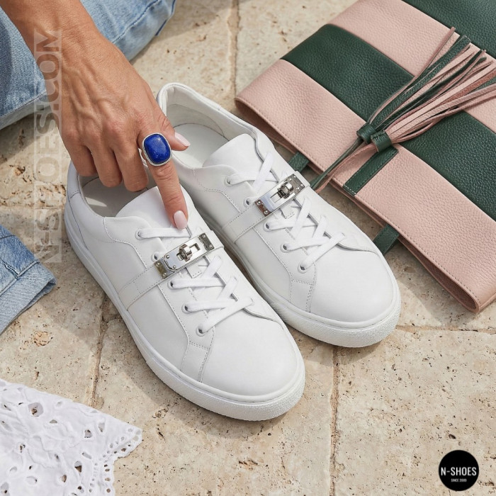 White Leather Sneakers Romax Comfort 2525-1 6189 with Metal Decor