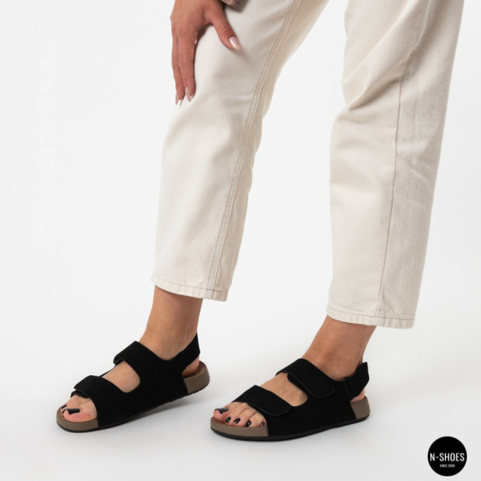 Women's Black Suede Velcro Sandals Lonza NY 207291 Floral Black 6229