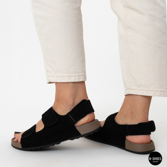 Women's Black Suede Velcro Sandals Lonza NY 207291 Floral Black 6229