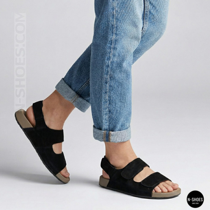 Women's Black Suede Velcro Sandals Lonza NY 207291 Floral Black 6229