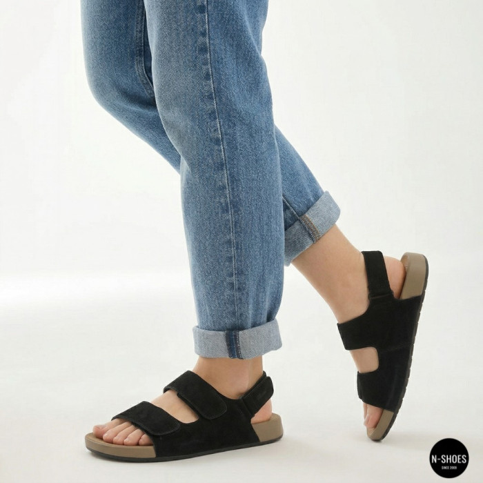Women's Black Suede Velcro Sandals Lonza NY 207291 Floral Black 6229