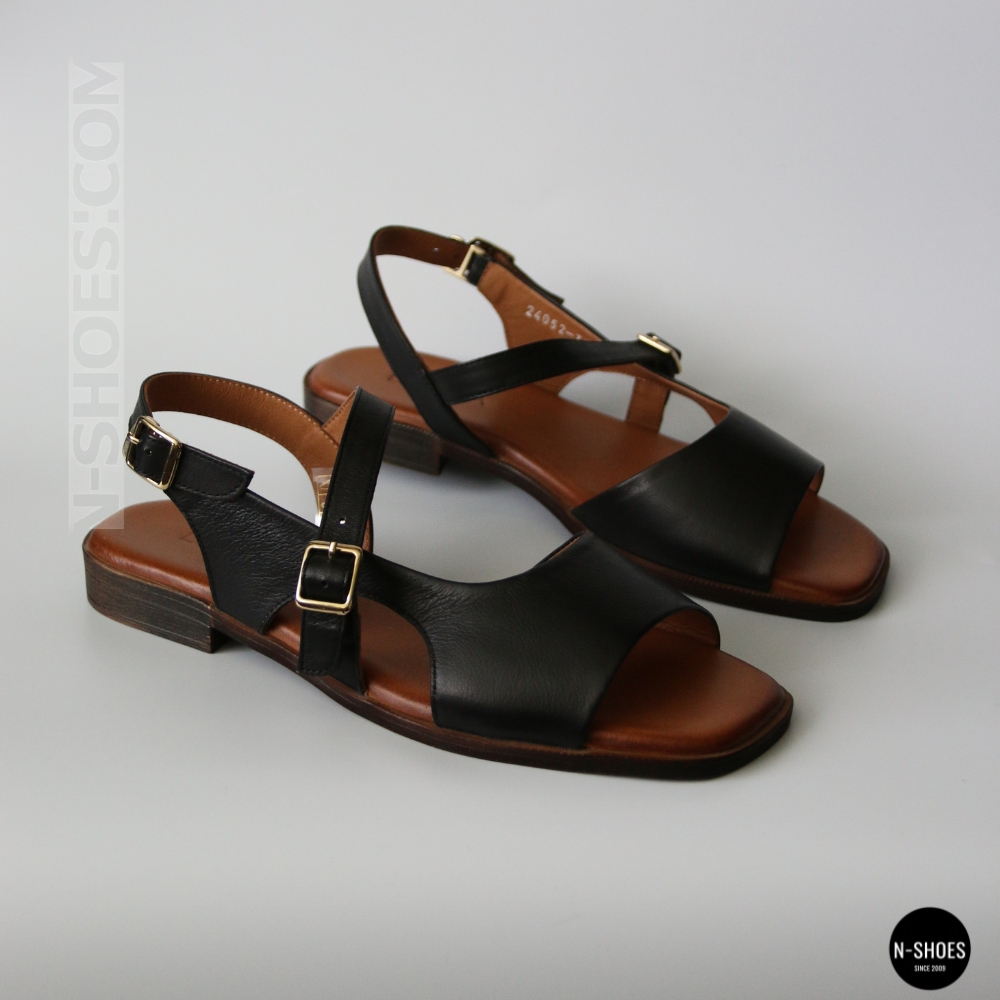 Элегантные черные кожаные босоножки Lonza 213953 213955 BLACK 6263 на низком ходу