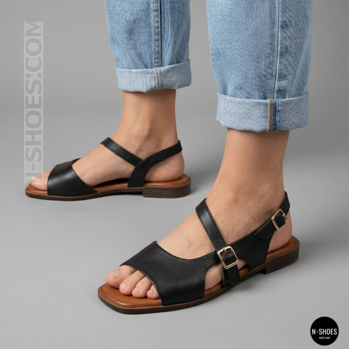 Елегантні чорні шкіряні босоніжки Lonza 213953 213955 BLACK 6263 на низькому ходу