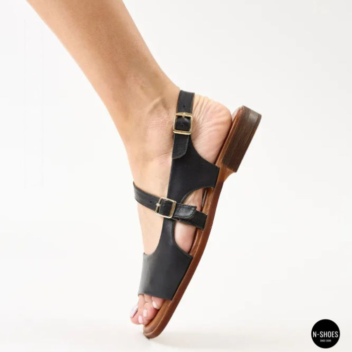 Елегантні чорні шкіряні босоніжки Lonza 213953 213955 BLACK 6263 на низькому ходу