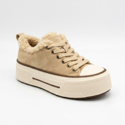 Женские трендовые зимние кеды на платформе Allsy 215159 86-296 BEIGE Lonza 219797 6342 бежевые из натуральной замши с утеплением.