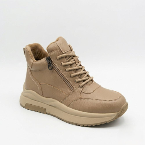 Women's winter sneakers Allsy 215009 26Z120Z3560-1 BEIGE 6369 made of genuine leather beige with zipper and lacing