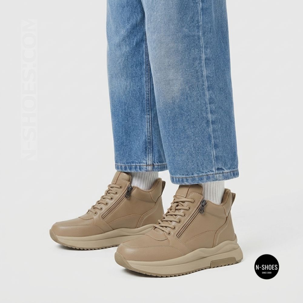 Beige Leather Women's Winter Sneaker Boots Allsy 215009