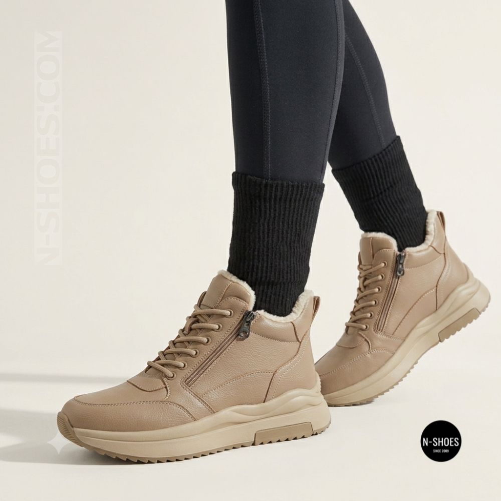 Beige Leather Women's Winter Sneaker Boots Allsy 215009