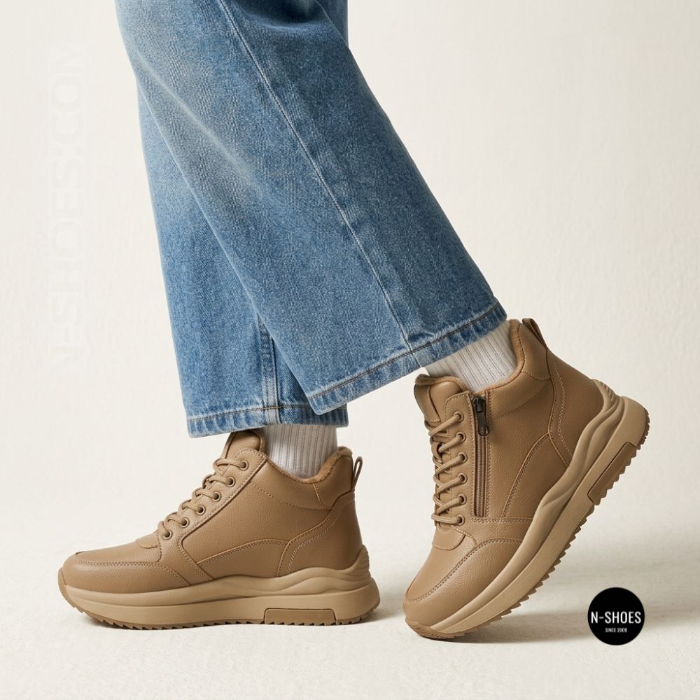 Beige Leather Women's Winter Sneaker Boots Allsy 215009