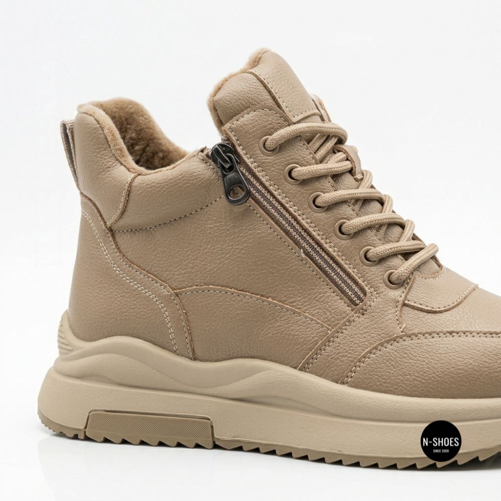 Beige Leather Women's Winter Sneaker Boots Allsy 215009