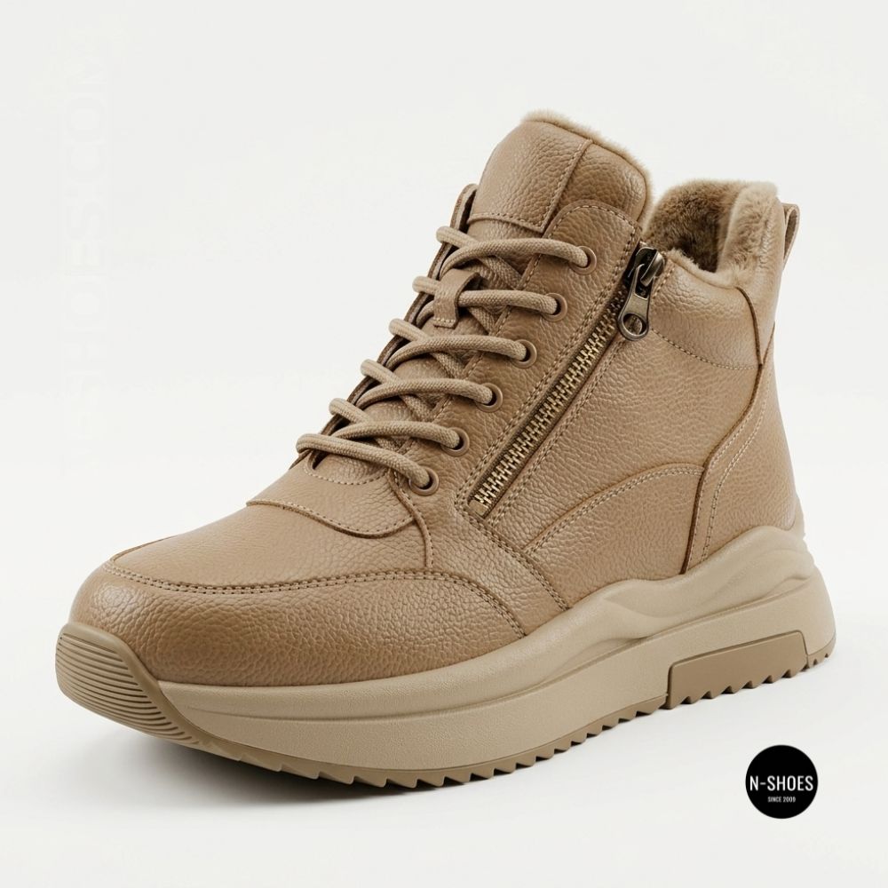 Beige Leather Women's Winter Sneaker Boots Allsy 215009