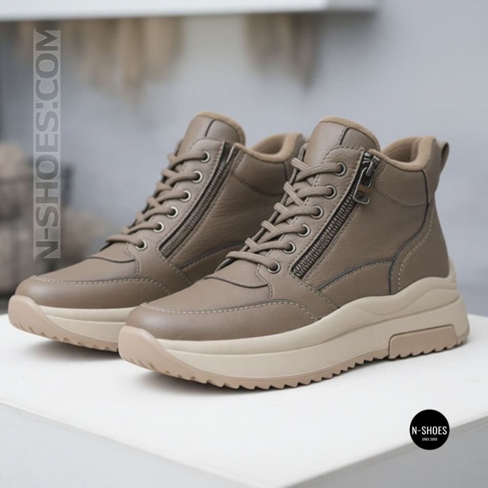 Beige Leather Women's Winter Sneaker Boots Allsy 215009
