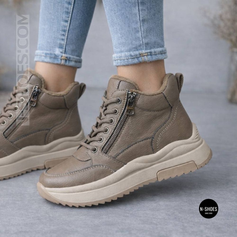 Beige Leather Women's Winter Sneaker Boots Allsy 215009