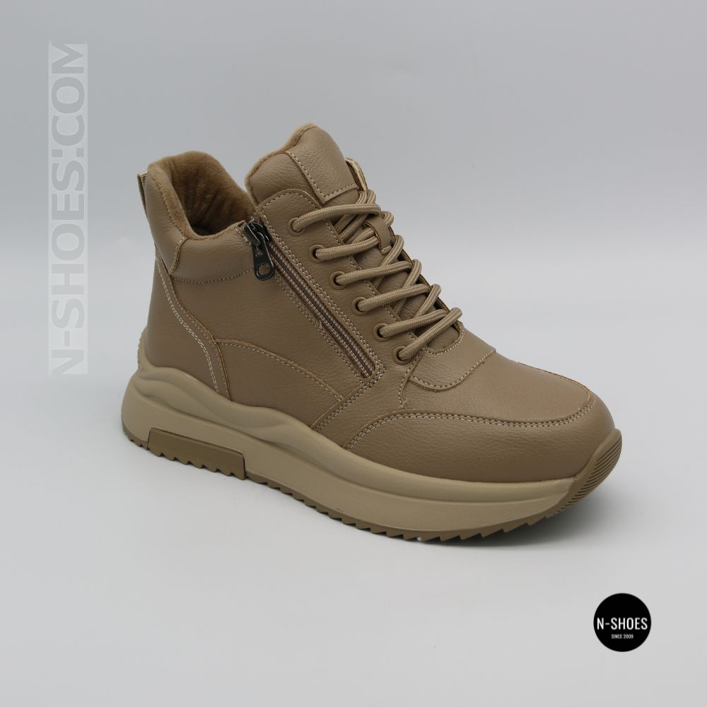 Beige Leather Women's Winter Sneaker Boots Allsy 215009